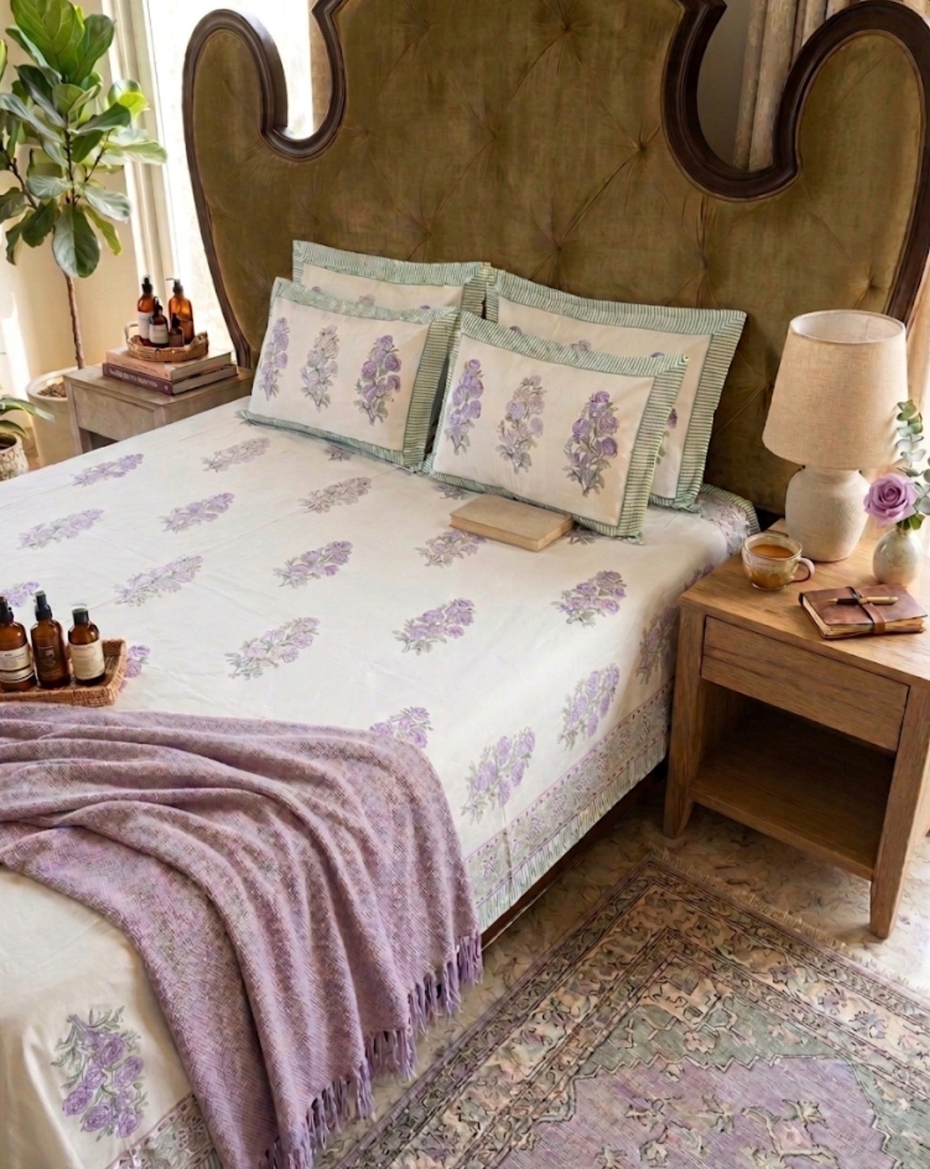 Lavender Field Hand-Block Printed Super King Bedsheet Set