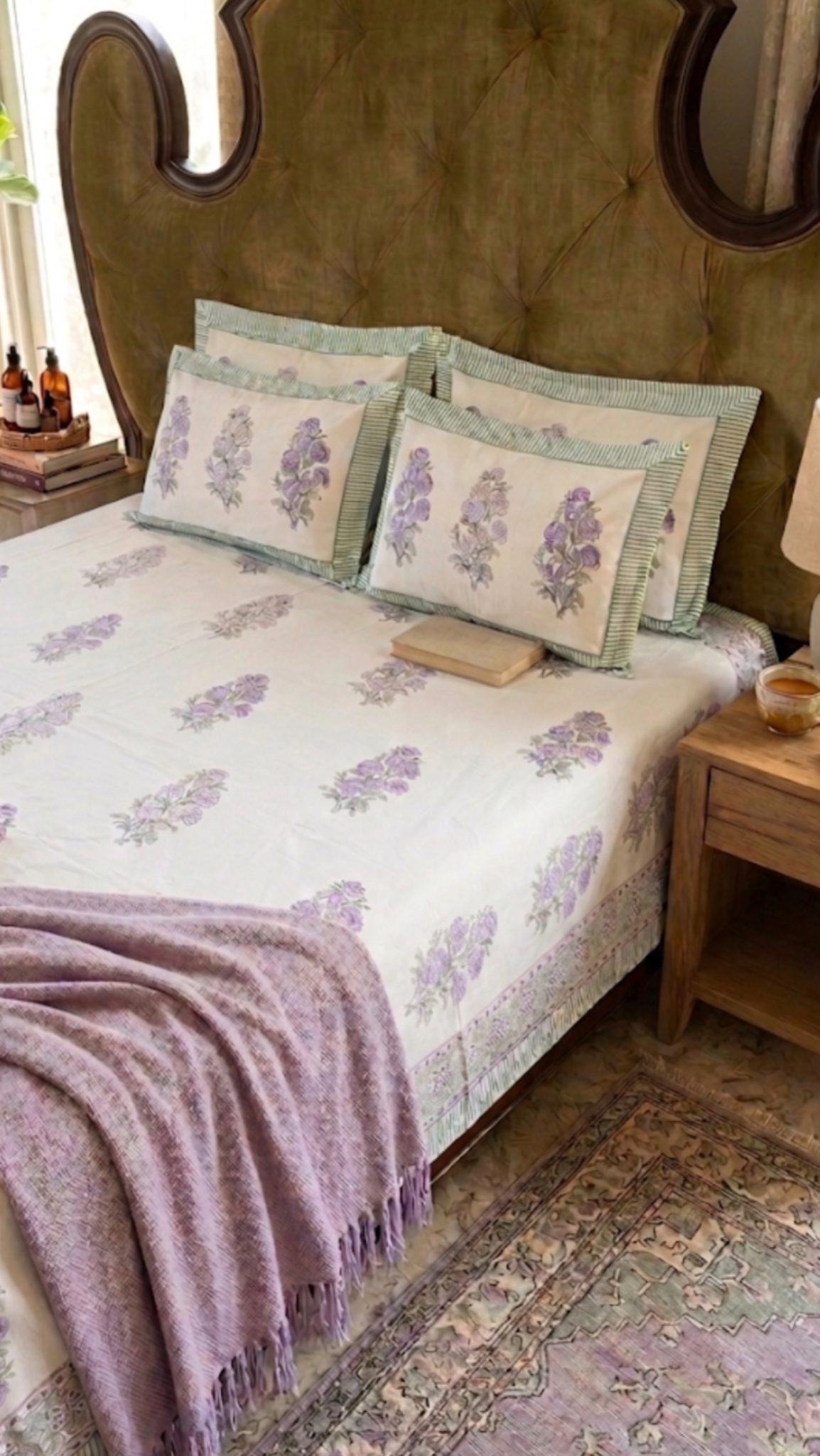 Lavender Field Hand-Block Printed Super King Bedsheet Set